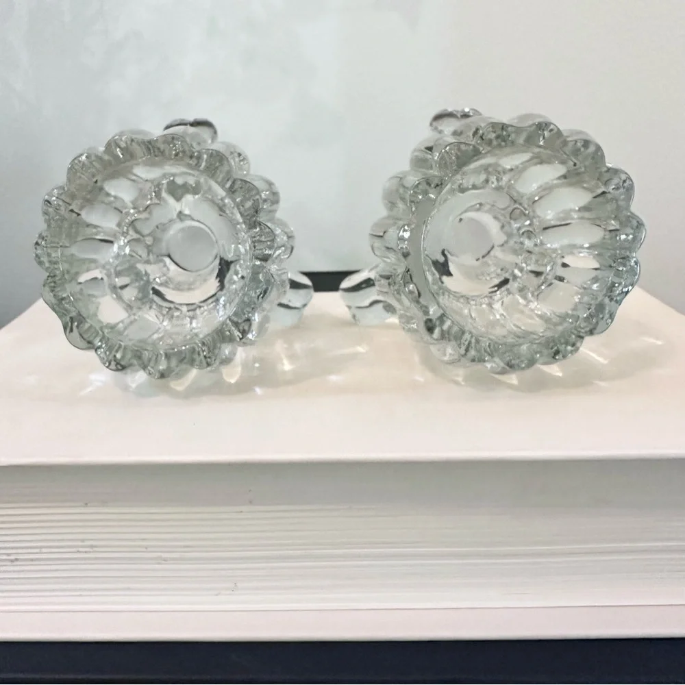 Lot Of 2 Vintage Clear Glass Footed Pillar Tea Light Candle / Air Plant Holders